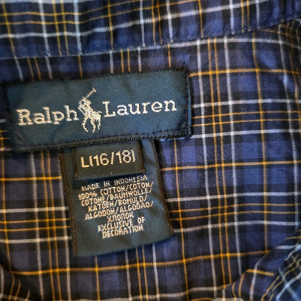 Ralph Lauren Boys Navy Blue Plaid Button-Down Shirt with Yellow Pony